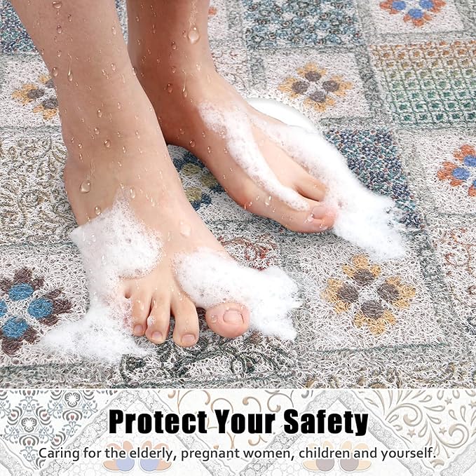 Square Shower Mat Non Slip: 24x24 Inch Shower Floor Mat with Drain Hole in Middle, Super Soft and Comfortable PVC Loofah Massage Bath Mat for Shower, Anti Slip Shower Stall Mat, Quick Drying