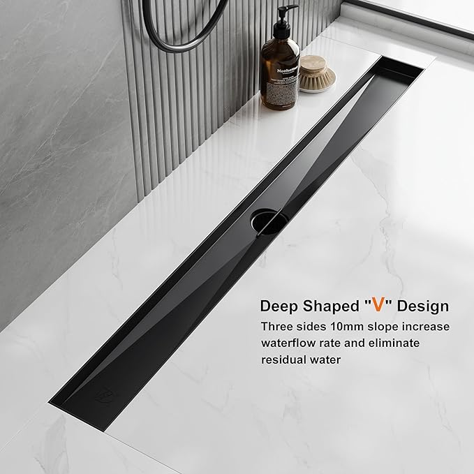 Neodrain 28 in Matte Black Linear Shower Drain, Rectangular Shower Linear Drain with Brick Pattern Grate, 304 Stainless Steel Bathroom Floor Drains