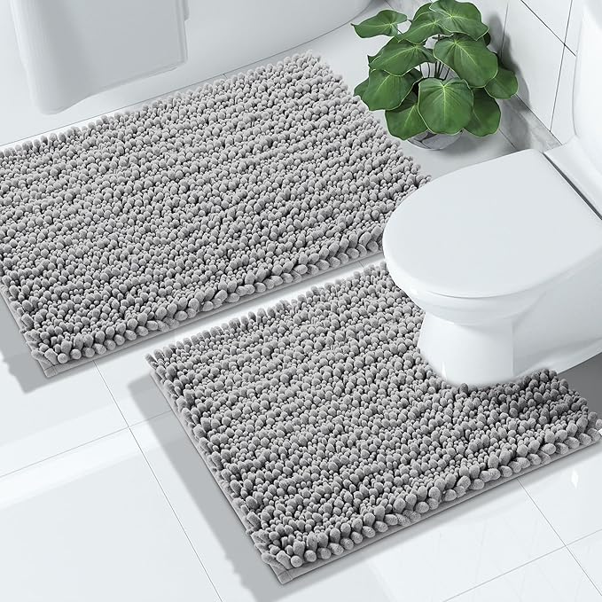 Yimobra Bathroom Rugs Sets 2 Piece - Quick Dry Extra Thick Luxury Chenille Bath Mat, Non Slip Super Absorbent for Tub Shower Sink, Machine Washable Shaggy Floor Mat, 32"x20"+24"x20" Inch, Grey