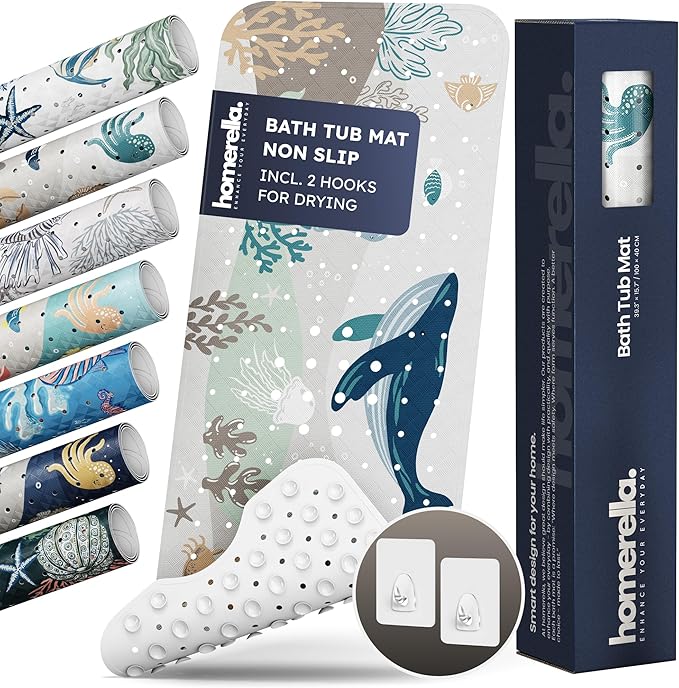 Homerella Baby Bath Tub Mat | Anti Mold Mildew Resistant Non Slip Kids and Adult Bath Tub Shower Mats | 40x16 inch Long with Suction Cups for Secure Grip Hooks for Storage & Drying | Machine Washable
