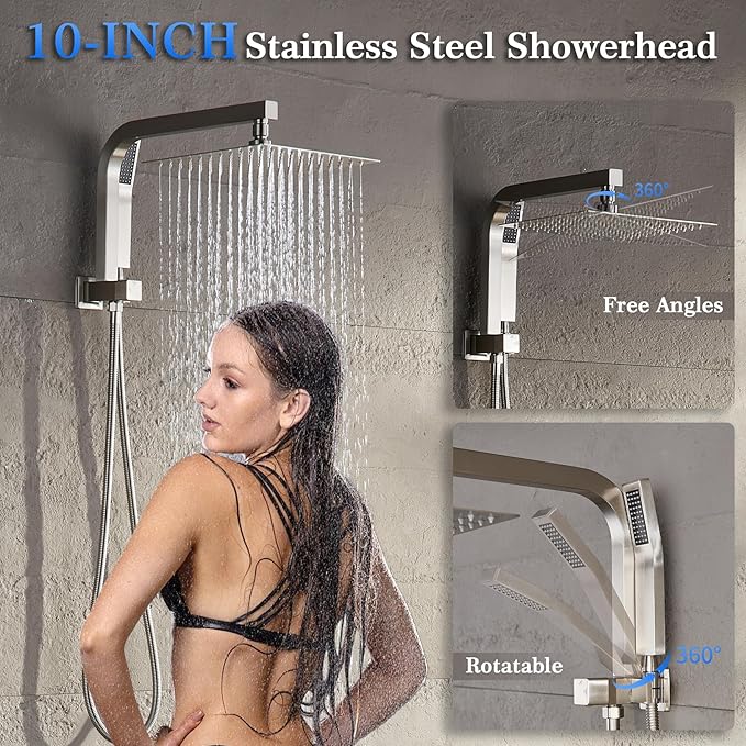 Shower Faucet Set with 10 Inch Shower Heads with Handheld Spray Combo, Rainfall Bathroom Shower System Rain Shower Head and Handle Set, Dual Shower Heads with Handheld Spray Combo, Brushed Nickel