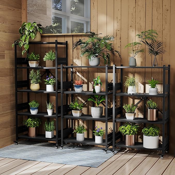 WORKPRO 4-Tier Folding Shelf, No-Assembly Metal Storage Rack with Wheels, 600 lbs Capacity (with Leveling Feet), Collapsible Shelving Unit for Kitchen, Pantry, Bathroom & Closet Organization