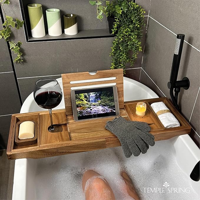 Temple Spring Wooden Bathtub Tray, Acacia Bathroom Accessories, Bath Tray for Tub, at Home Spa Essentials, Board for Tub Table, Bath Caddy for Bathtub Accessories & Bathroom Essentials - Not Teak