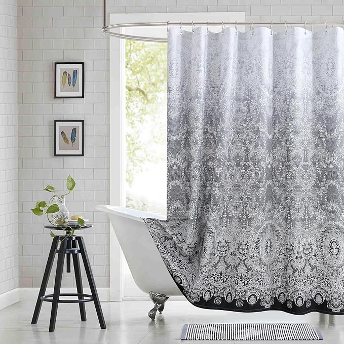 Extra Long Shower Curtain - Chantilly Lace Design, Heavyweight Polyester, Black to White Ombre, 72" W x 84" H