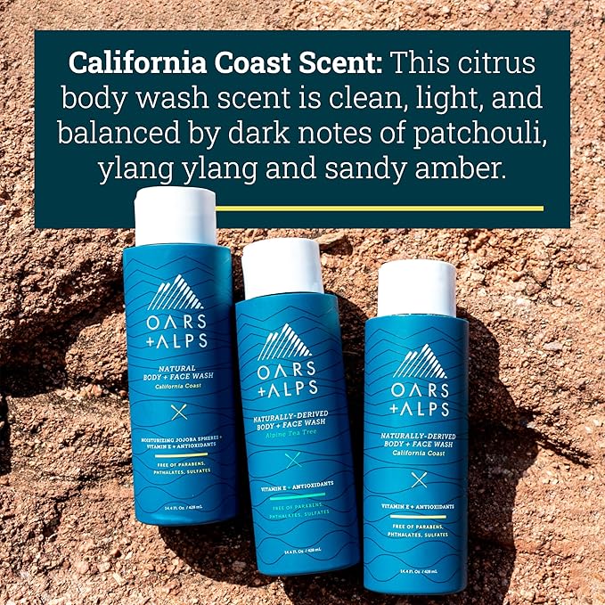 Oars + Alps Body Wash for Men, Mens Body Wash with Vitamin E and Antioxidants, Moisturizing, Hydrating, Paraben & Sulfate Free Cleanser, California Coast, 1pk