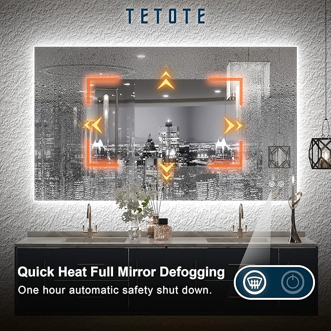 TETOTE 40 x 24 LED Backlit Vanity Mirror Bathroom,3Color White/Warm/Natural,Anti-Fog Lighted Mirror,Dimmable,Wall Mounted