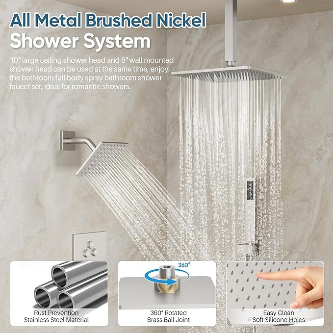 Nickel Shower System, Brushed Nickel Shower Faucet Set, 10'' Ceiling Shower Head, 6'' Wall Mounted Shower Head, 3 In 1 Push Button Shower Valve Kit, Waterfall ShowerHead with Handheld, Brushed Nickel