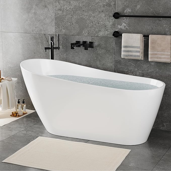 67" Acrylic Freestanding Bathtub, Modern Deep Soaking Tub, cUPC Certified Free Standing Tub, Chrome Drain/Overflow, White Acrylic, Allure White