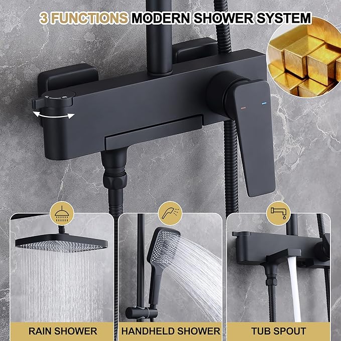 Shower Systems with 12 x8 Inches Rain Shower Head, Matte Black Exposed Pipe Shower System,3 Functions Tub Shower Faucet Sets,Overhead Shower System with Handheld