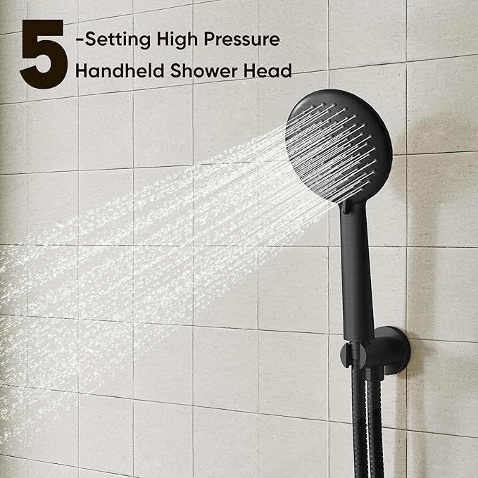Gabrylly Shower System with Tub Spout, Black Bathtub Shower Faucet Set with 3-Way Pressure Balance Valve Kit, 10" Rain Head with Handheld Spray, Matte Black