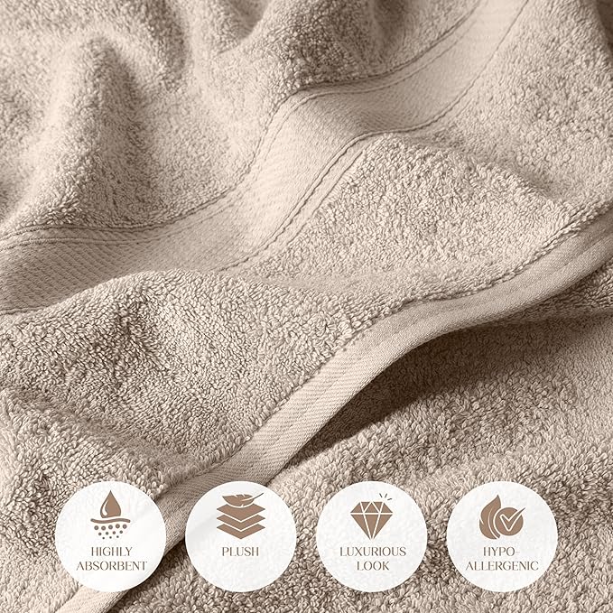 Superior Egyptian Cotton Pile Bath Towel Set of 2, Ultra Soft Luxury Towels, Thick Plush Essentials, Absorbent Heavyweight, Guest Bath, Hotel, Spa, Home Bathroom, Shower Basics, Stone