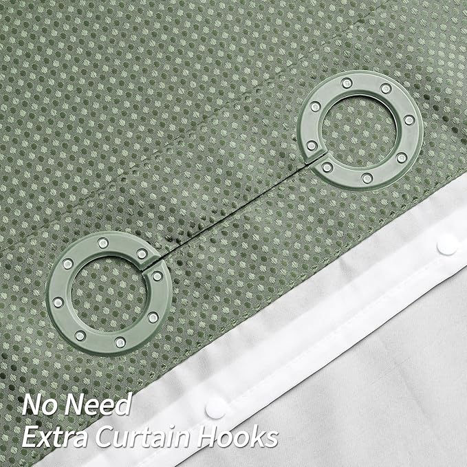 MitoVilla No Hooks Required Sage Green Waffle Shower Curtain Liner Set, Modern Heavyweight Fabric Shower Curtain Set with Snap-in Liner for Hotel Grade Spa-Like Bathroom Decor, 72 x 74