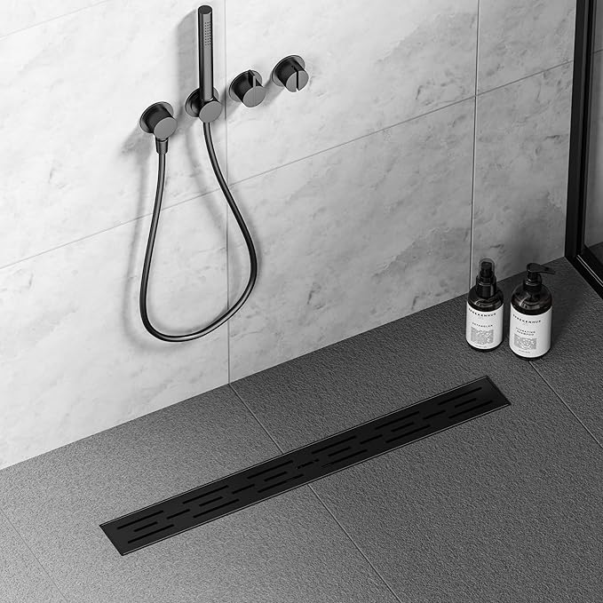 Neodrain 36 in Matte Black Linear Shower Drain, Rectangular Linear Shower Drain with Brick Pattern Grate, Brushed 304 Stainless Steel Bathroom Floor Drain