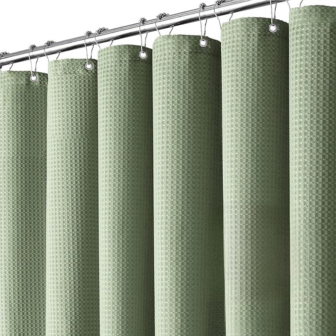 Inhousolu Fabric Shower Curtain Waffle Weave, Sage Green 230 GSM Heavy Duty, Weighted Hem, 12 Metal Hooks, Water Repellent, Machine Washable, Hotel Spa Luxury Bath Curtain Set, 54 x 78 Inch