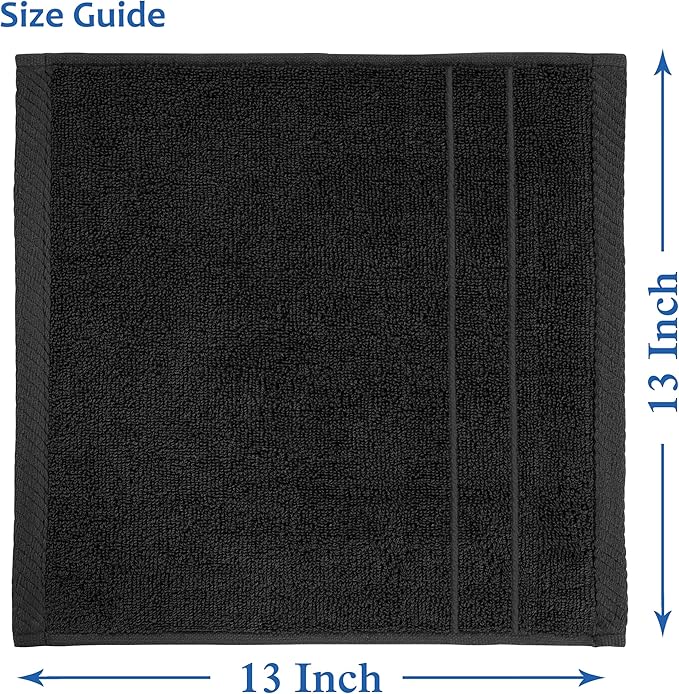 Casa Platino 100% Cotton Washcloths 24 Pack - Spa & Salon Quality Face Cloths - Ring Spun, Soft & Absorbent Wash Cloths for Body, Beauty, Home, Gym - Fingertip Towels Set- 13"x13", Black Towels Set