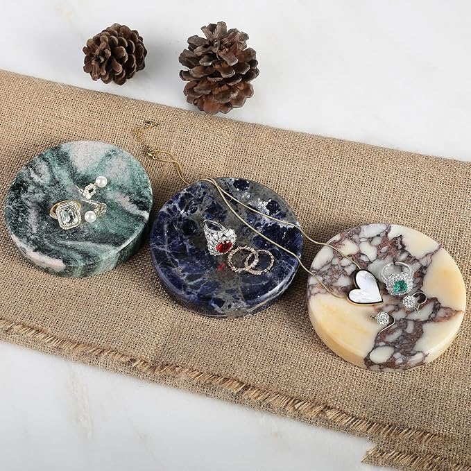 Koville Luxury Stone Jewelry Dish, Small Round Trinket Tray for Ring Necklace Earring, 4" Decorative Dish, Aesthetic Home Table Decor, Natural Stone Soap Dish for Bathroom Kitchen((Green)