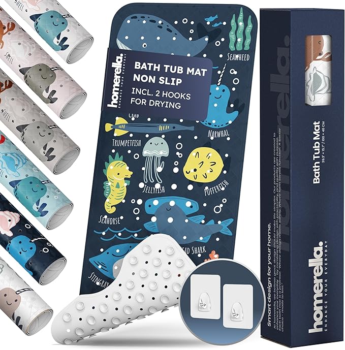 Bath Tub Mat Non Slip Anti Mold for Kids BPA Free INCL Hooks - homerella® Ocean Sea Animals 40x16, Baby Bath Mat Non Slip 200 Suction Cups, Non Toxic Machine Washable Toddler Bath Mat, EU Certified