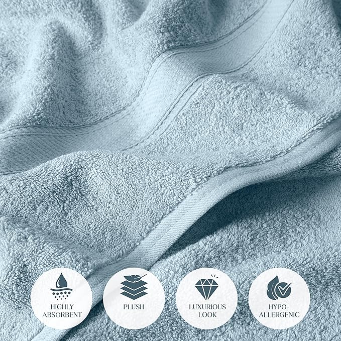 Superior Egyptian Cotton Pile Bath Towel Set of 2, Ultra Soft Luxury Towels, Thick Plush Essentials, Absorbent Heavyweight, Guest Bath, Hotel, Spa, Home Bathroom, Shower Basics, Light Blue