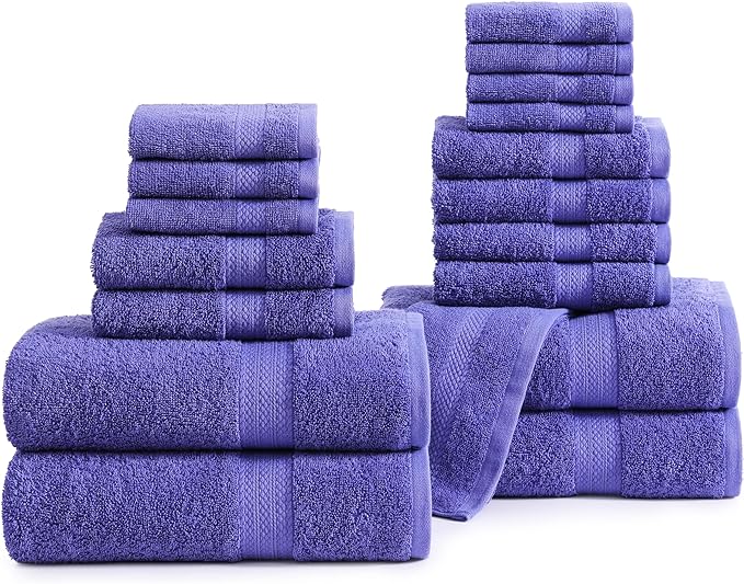 LANE LINEN Cotton Bath Towel Set - 18 PCs - 4 Shower Towels, 8 Washcloths, 6 Turkish Hand Towels for Bathroom - Sustainably Produced, Ultra Soft & Absorbent - Blue Irish