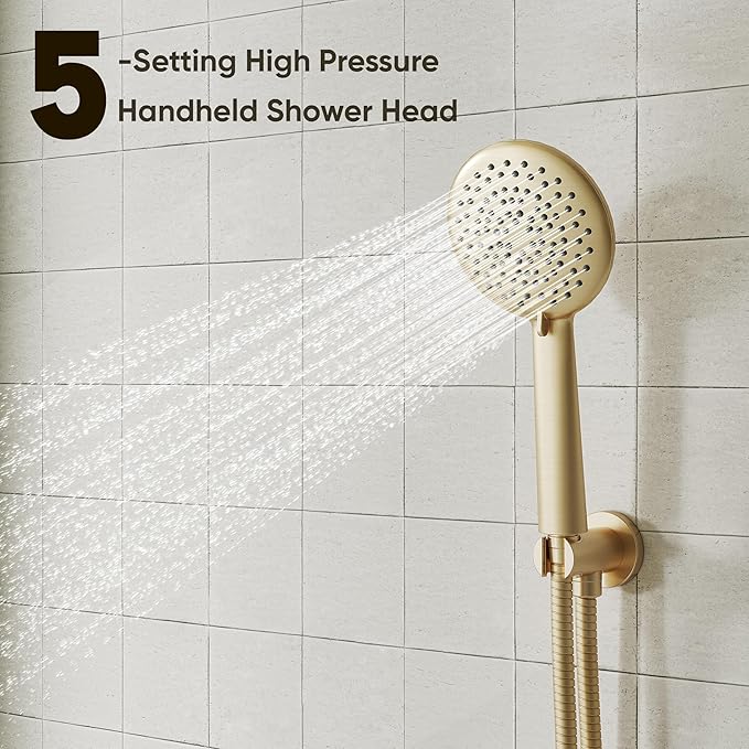Gabrylly Shower System with Tub Spout, Bathtub Shower Faucet Set with 10" Rain Shower head and 5-Setting Handheld Shower, Wall Mounted Shower Fixtures with Pressure Balance Shower Valve, Brushed Gold