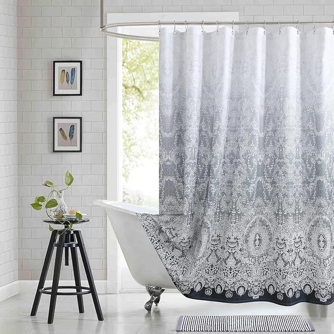 Extra Long Shower Curtain - Chantilly Lace Design, Heavyweight Polyester, Dark Gray to White Ombre, 72" W x 84" H