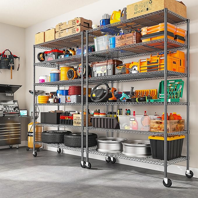 82" H X45 W X18 D Storage Shelves with Wheels, 6 Tier Wire Shelving Adjustable Metal Shelving Pantry Shelves Capacity 1200LBS for Garage Shelving, Pantry, Kitchen, Closet, Black,2P