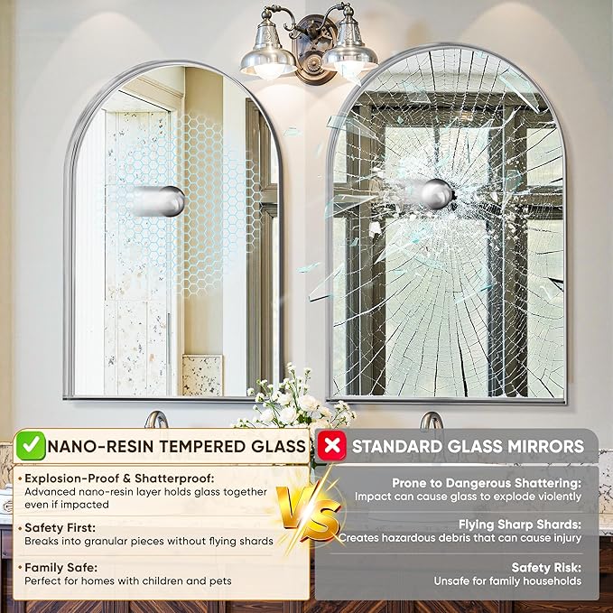 Arched Mirror 26"x38", Bathroom Mirror, Wall Mounted Vanity Mirror with Arch Metal Frame for Bathroom, Over Sink, Bedroom, Living Room, Deep Frame, Silver