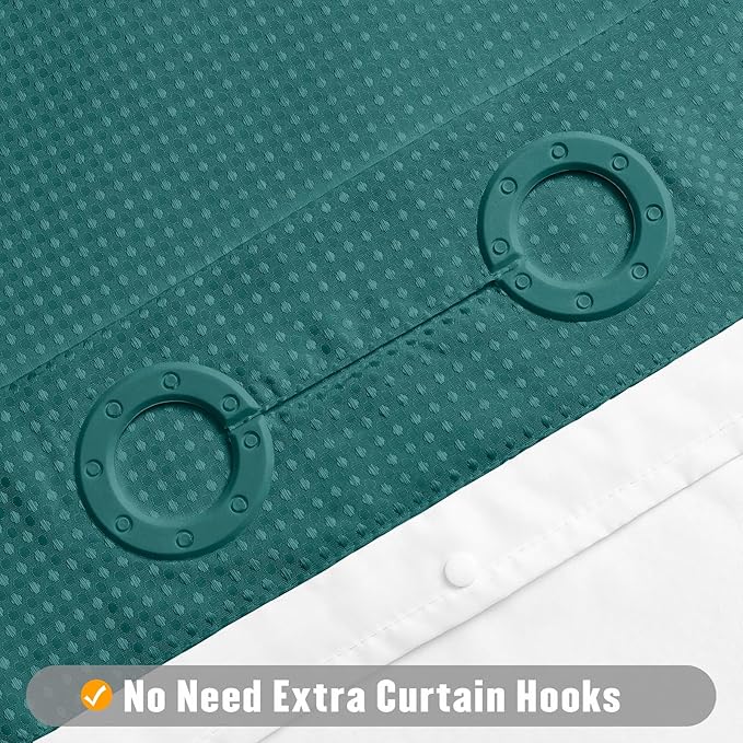 MitoVilla No Hooks Needed Dark Green Waffle Shower Curtain Liner Set, Modern Waffle Weave Fabric Cloth Shower Curtain with Snap-in Liner for Luxury Neutral Hotel Spa Bathroom Decor, 72 x 74