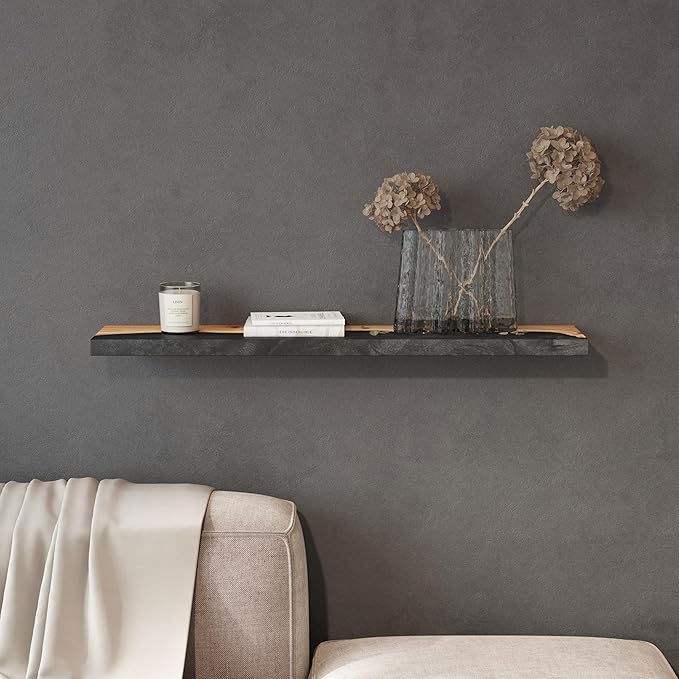RWA Straight Edge Floating Shelf – Unique Wood Floating Shelf for Wall Decor, Living Room, Bedroom, or Bathroom – Sleek Decorative Wall Shelves for Home & Office (Straight/Black, Medium - 16x6)