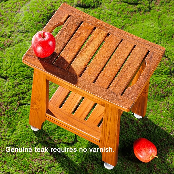 18" Standard Teak Shower Bench with Shelf & Handle - Waterproof, Non-Slip Bath Stool, 300 lbs Capacity - Fits Standard Tubs/Showers & Outdoor Use (Patented)