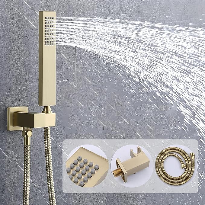 Shower System Brushed Gold Shower Faucet Set with 14X20 inch Ceiling Mount Shower Head, 6 PCS Body Jet and Handheld Spray, 3 Way Digital Temperature Display Shower