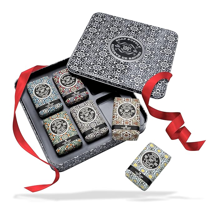 La Chatelaine Soap Supply Tin Gift Set |Unisex, Men, Women| Plant-based shea butter bar soaps | Made in France | Natural and Organic | Large soap bars | Set of 6, 8.8 oz./250g bars - Gray Mosaic