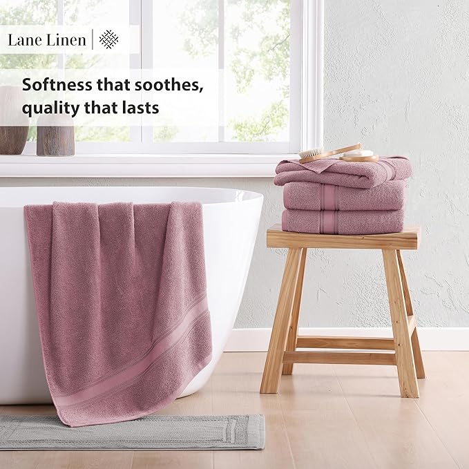 LANE LINEN Bathroom Towels Set of 12 – Zero Twist, 100% Cotton, 4 Bath, 4 Handtowel & 4 Washcloths, Luxury Hotel Design, Perfect for Salon & Guests, Machine Washable – Wishful Mauve