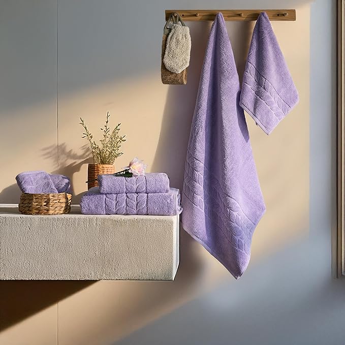 BAGNO MILANO Organic Turkish Cotton Bath Towels, Luxury Jacquard Collection, Certified Organic Highly Absorbent, Soft-Plush Towel Set (Lilac, 6 Pcs Towel Set)