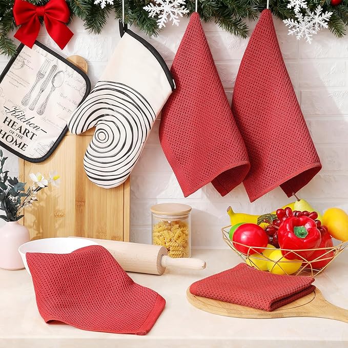 Homaxy 100% Cotton Waffle Weave Kitchen Dish Cloths, Ultra Soft Absorbent Quick Drying Dish Towels, 12 x 12 Inches, 12-Pack, Brick Red