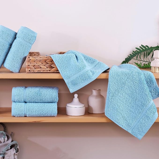 Hawmam Linen Luxury Cotton Washcloths 13x13 Inch - Large Hotel Spa Bathroom Face Towel | 12 Pack | Light Blue
