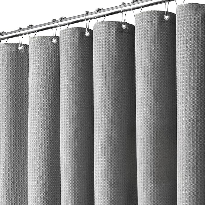 Inhousolu Fabric Shower Curtain Waffle Weave, 230 GSM Heavy Duty, Weighted Hem, 14 Metal Hooks, Water Repellent, Machine Washable, Hotel Spa Luxury Bath Curtain Set, 72 x 72 Inch, Grey