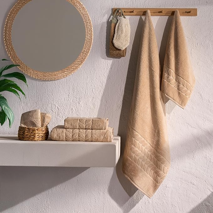 BAGNO MILANO Organic Turkish Cotton Bath Towels, Luxury Jacquard Collection, Certified Organic Highly Absorbent, Soft-Plush Towel Set (Latte, 4 Pcs Hand Towel Set)