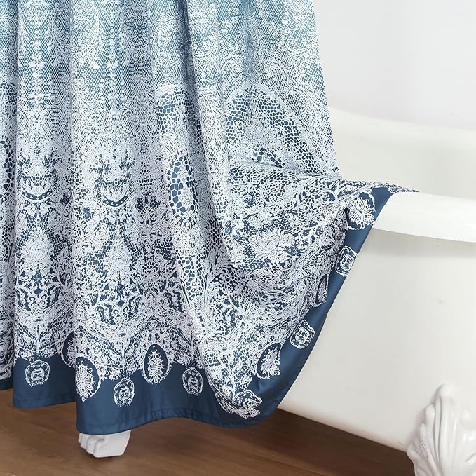 Chantilly Lace Shower Curtain - Heavyweight Polyester, Storm Blue to White Ombre Design, 72" W x 72" H
