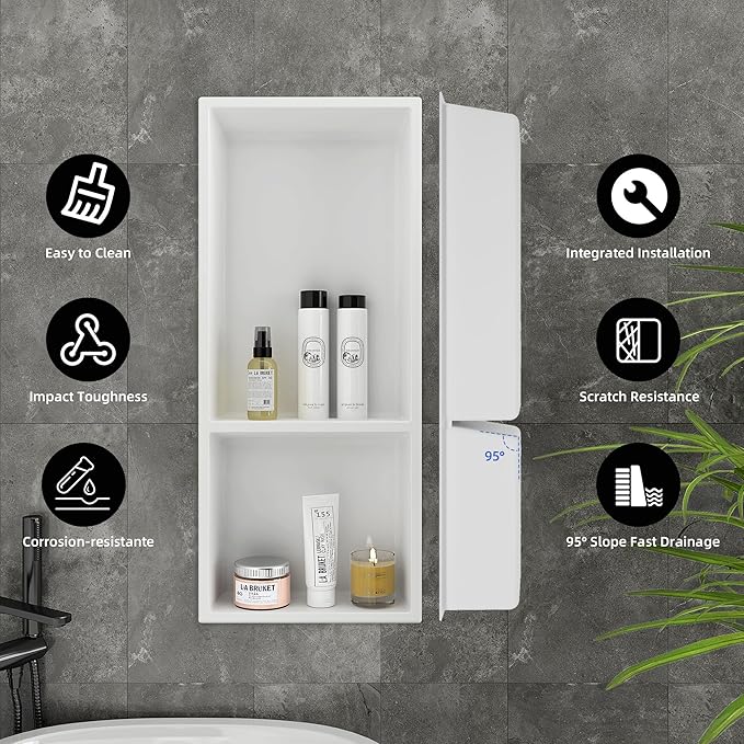 Shower Niche No Tile Needed, 12.2"x28.7"x3.8", Vertical Double Recessed Wall Niche, Bathroom Wall Niche Inserts, SMC Shower Shelf (White)