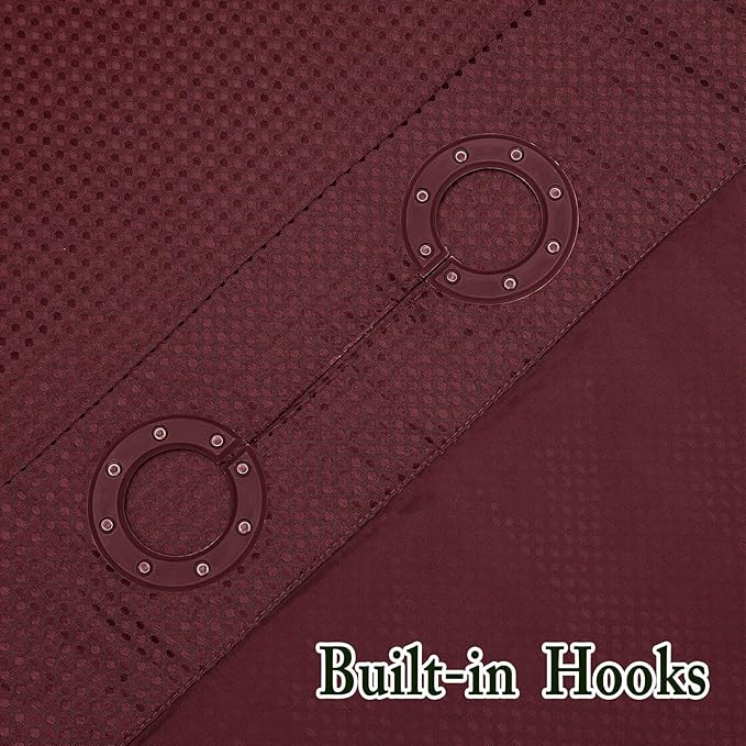 Gibelle No Hook Waffle Weave Shower Curtain with Snap-in Fabric Liner Set for Bathroom, Hotel Style with Mesh Top Window, Waterproof & Washable, Burgundy, 72x74