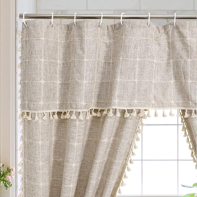 MitoVilla Tan Boho Double Swag Shower Curtain, Polyester Linen Fabric Shower Curtains for Farmhouse Bathroom Decor, Brown Cloth Shower Curtain Set with Hooks, 72 x 72