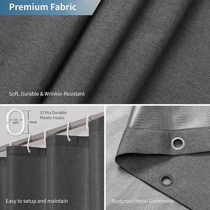2-in-1 Waterproof Fabric Shower Curtain or Liner,Linen Textured,Breathable TPU & Washable Bathroom Shower Curtain Set with 12 Plastic Hooks,Modern,72"x72" Charcoalgrey