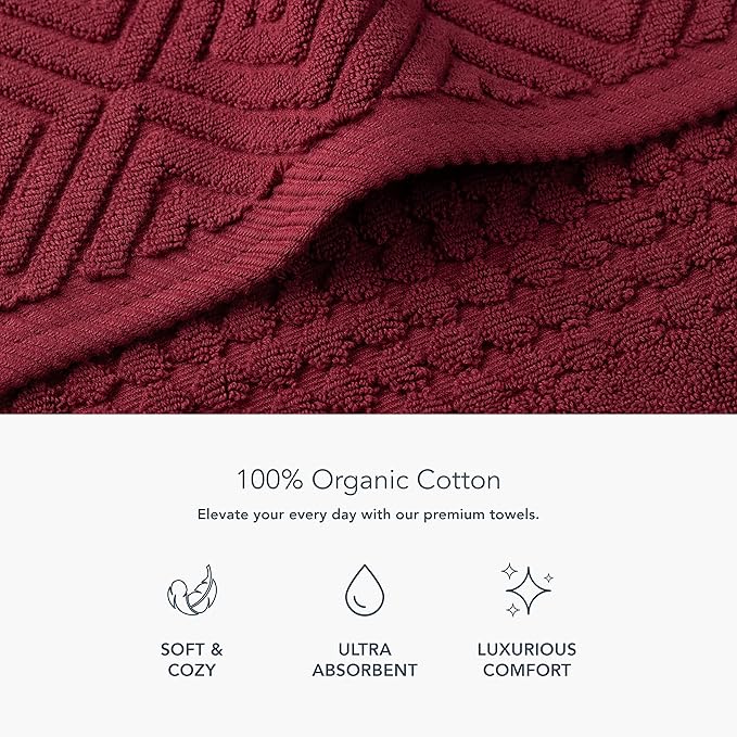 Texere 100% Organic Cotton Diamond Jacquard 700 GSM Luxury Bath Towel Sets - Ultra Soft and Absorbent Hotel and Spa Quality (Diamond, Merlot, 2 Bath Towels)