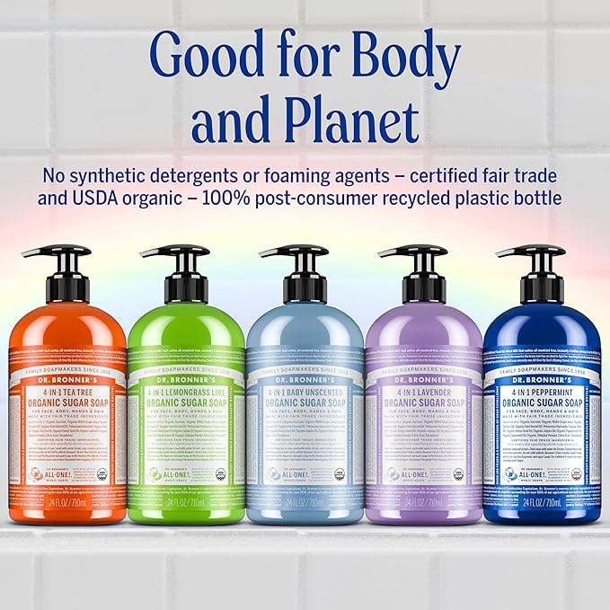 Dr. Bronner’s - Organic Sugar Soap (Baby Unscented, 64 Ounce) - Made with Organic Oils, Sugar and Shikakai Powder, 4-in-1 Use: Hands, Body, Face and Hair, Moisturizes and Nourishes, No Added Fragrance