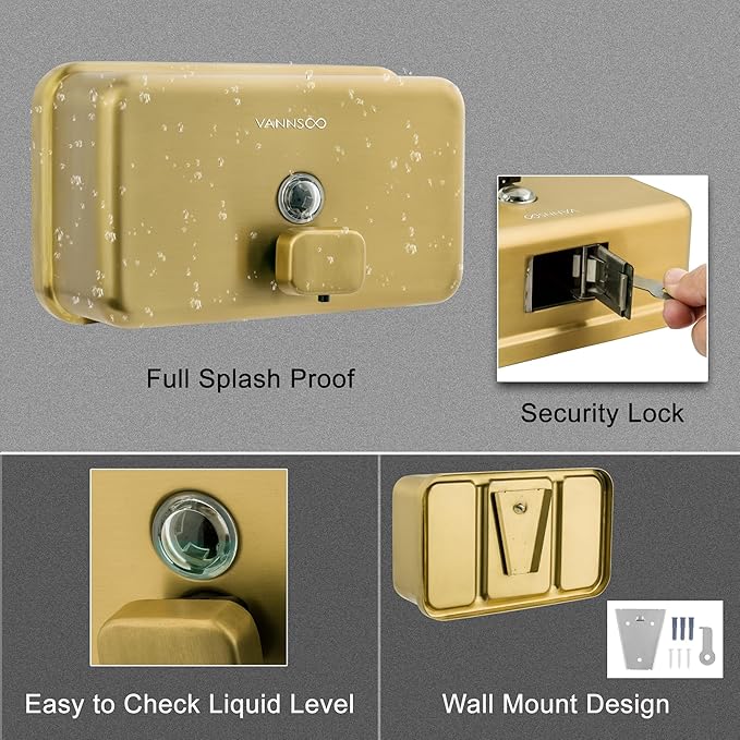 Wall Mounted Hand Soap Dispenser Bathroom, 1200ml 40oz Commercial Stainless Steel Liquid Soap Dispenser Wall Mount (Horizontal Gold)