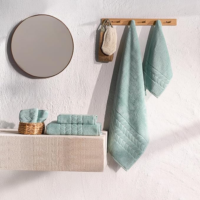 BAGNO MILANO Organic Turkish Cotton Bath Towels, Luxury Jacquard Collection, Certified Organic Highly Absorbent, Soft-Plush Towel Set (Mint, 2 Pcs Bath Towel Set)