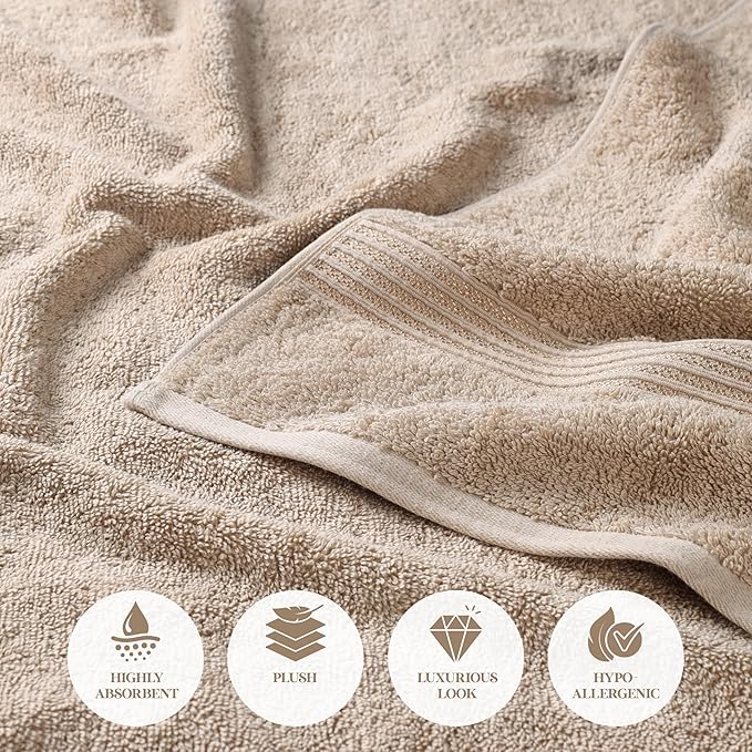 Superior Egyptian Cotton 4-Piece Bath Towel Set for Shower, Bath, Spa, Resort, Hotel, Soft Body Towels, Airbnb Essentials, Apartment, Dorm, Quick Dry, Absorbent, Bathroom Basics, Taupe