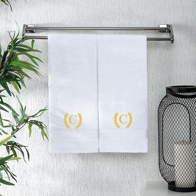 Monogrammed Hand Towels for Bathroom Makeup, Personalized Turkish Cotton Towel with Embroidery, Gift for Weddings, Housewarming, Anniversaries, and Bridal Showers, Set of 2 (Gold, Initial C)