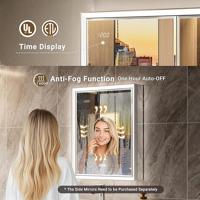 20x26 Lighted Medicine Cabinet with Beveled Mirror & Clock, Surface or Recessed Mirrored Medicine Cabinet with Dimmable Light Anti-fog, Built-in Sensing Light & Outlet, Soft-Close Right Hinge
